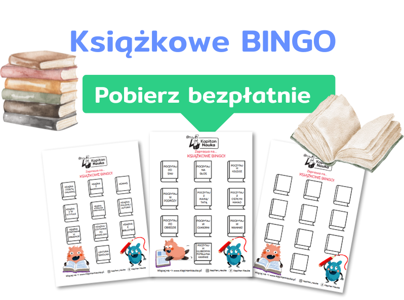 Grafika Książkowe bingo z przyciskiem Pobierz bezpłatnie i trzema planszami do gry